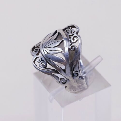 Sz 7.5, Vtg 925 Sterling Silver Handmade Band Ring Filigree Leaves, Stamped 925