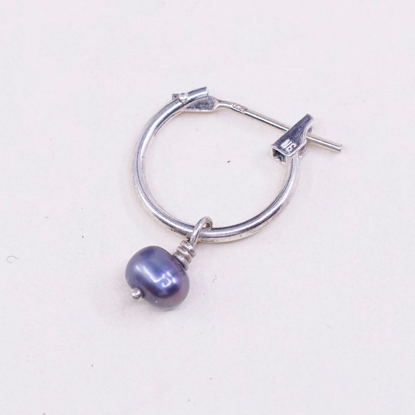 0.5”, vtg sterling 925 silver earrings, minimalist primitive hoops with pearl