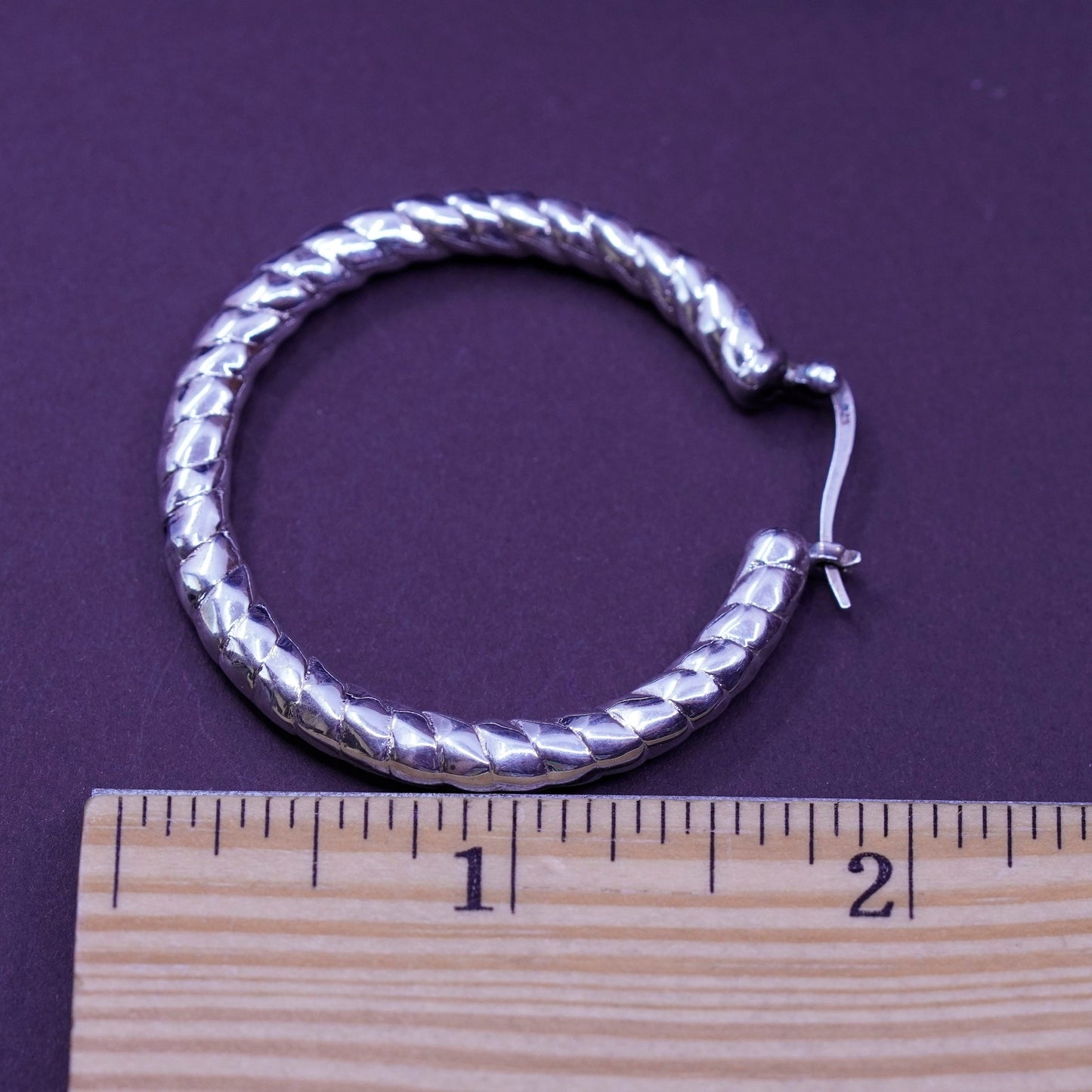 1.5”, vintage Sterling silver handmade earrings, bold 925 textured hoops