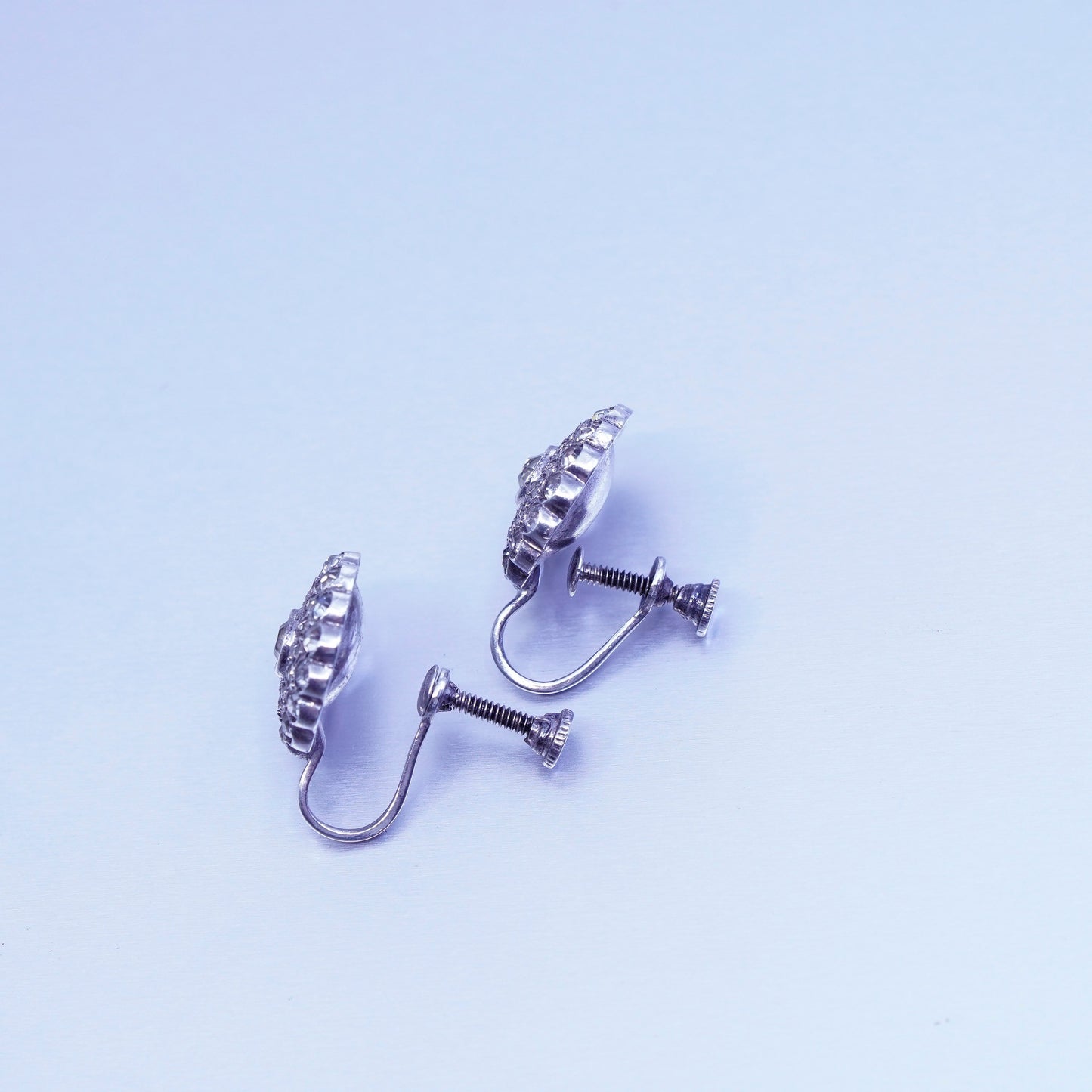 modern Sterling 925 silver handmade earrings, screw back flower w/ cluster Cz