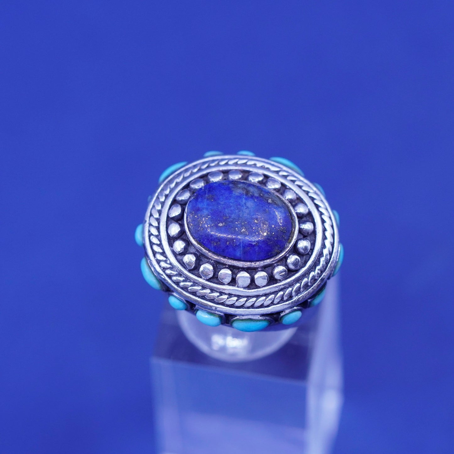 Size 7, sterling silver handmade statement ring Lapis lazuli turquoise beads