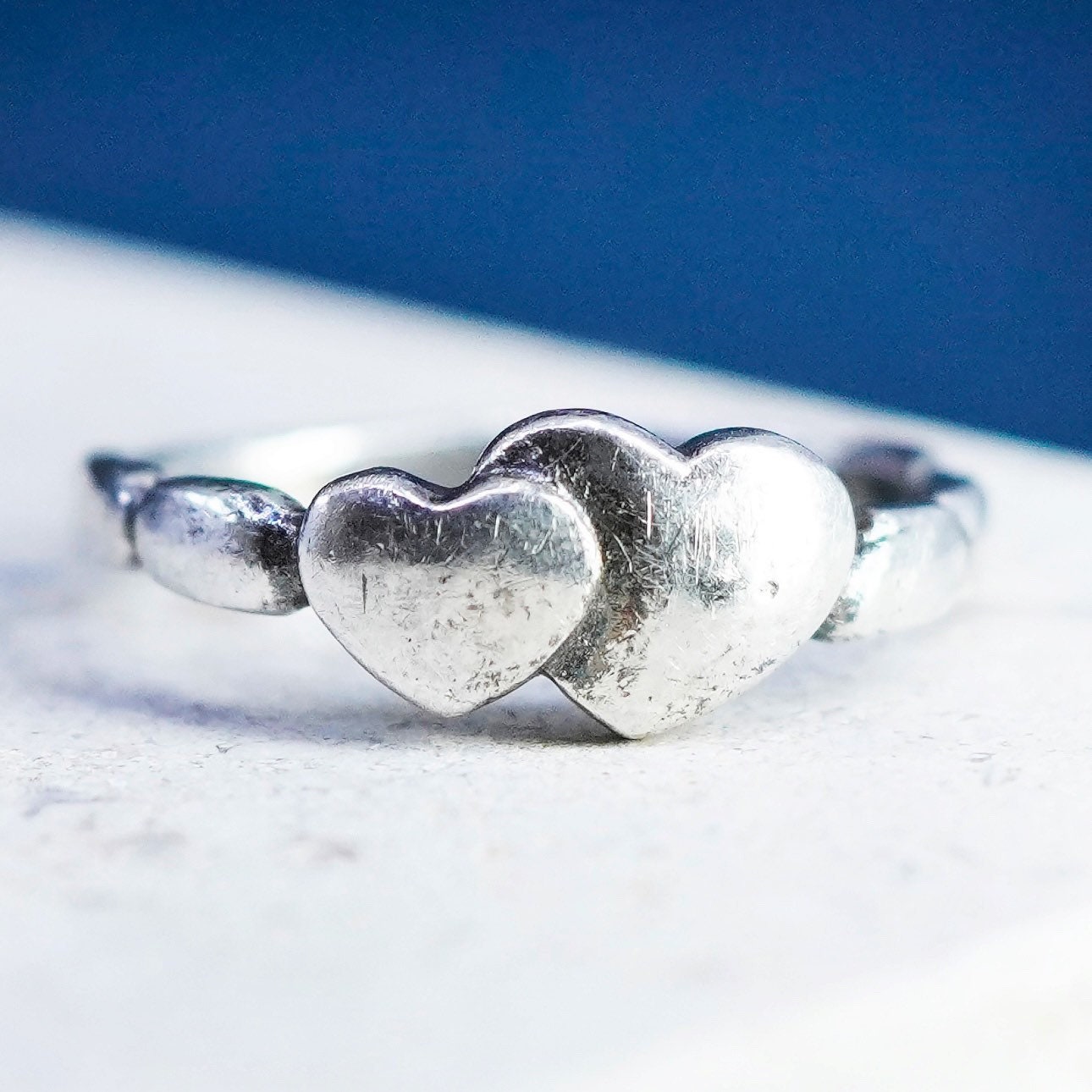 Size 8, vintage sterling silver handmade ring, 925 double heart band