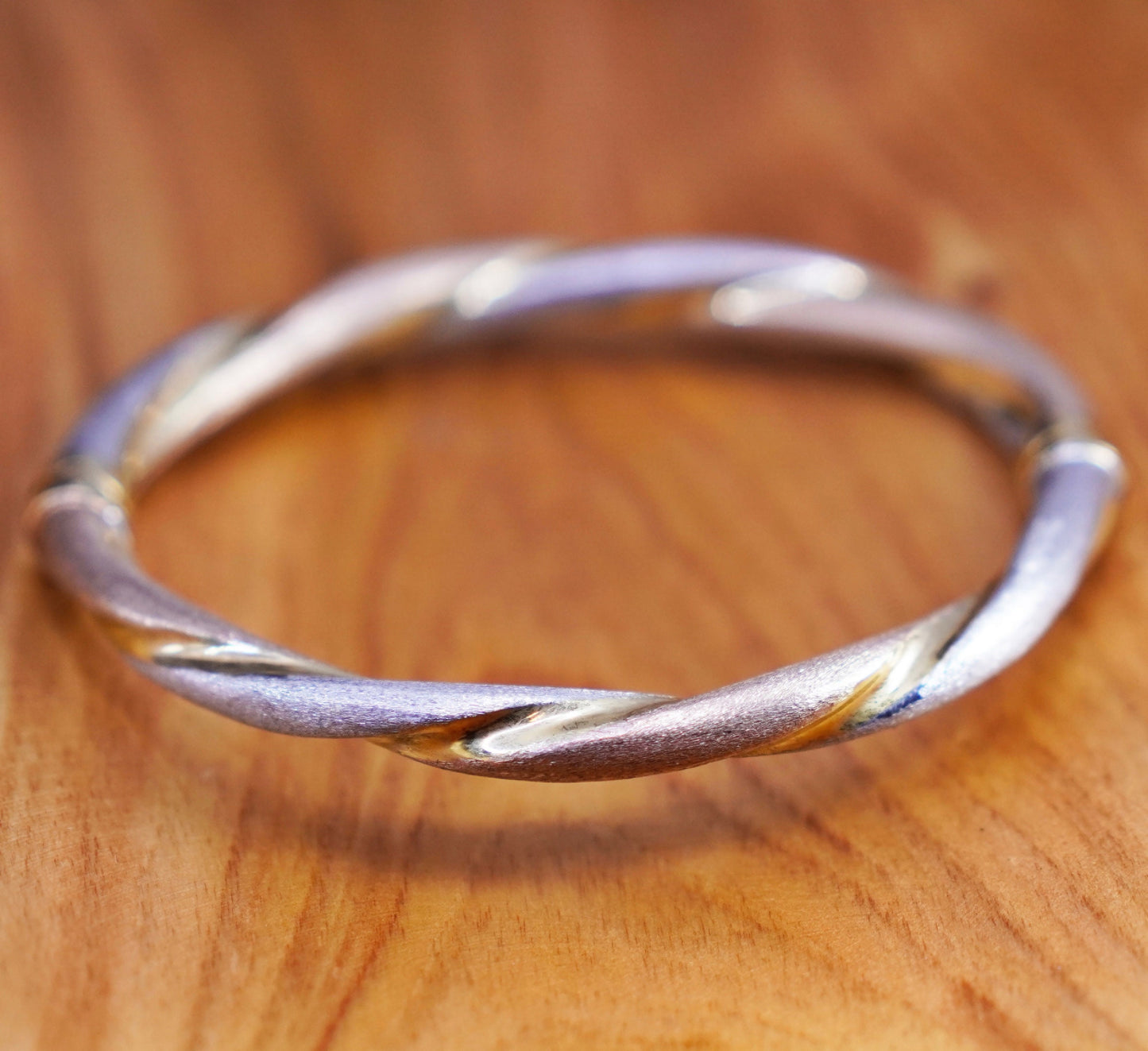 7.25”, triple tone gold over Sterling silver bracelet, matte 925 twisted bangle