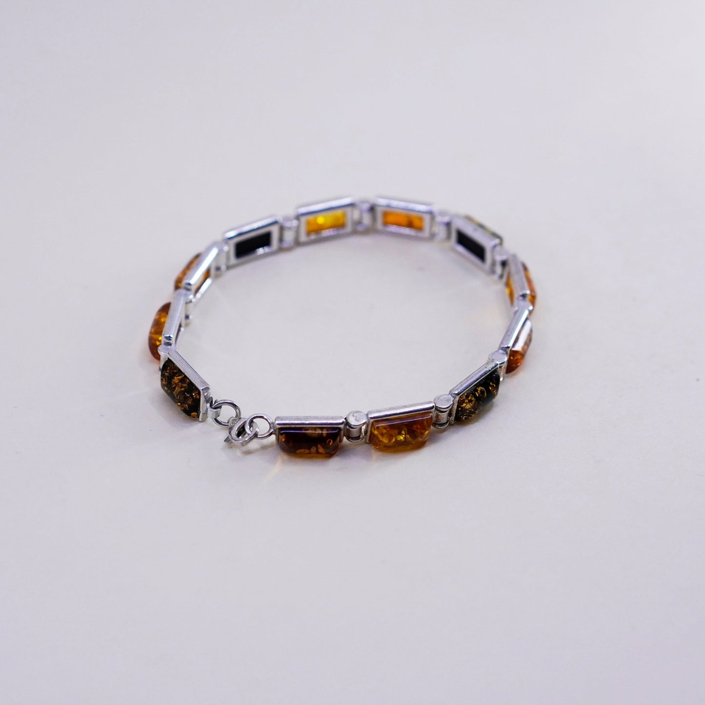 7”, Vintage sterling 925 silver handmade tennis bracelet with amber inlay
