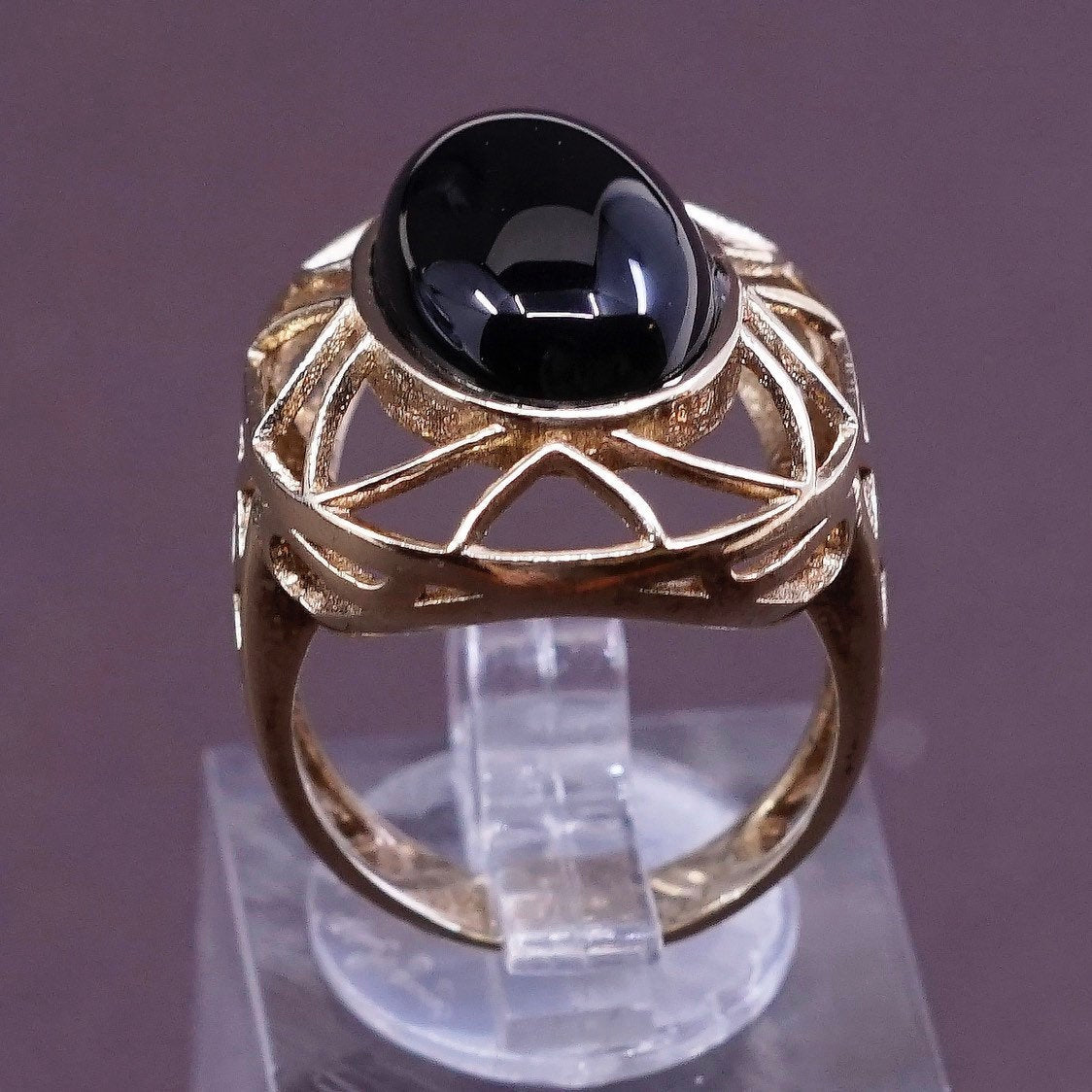 sz 6, vermeil gold over Sterling silver handmade ring, modern 925 w/ obsidian