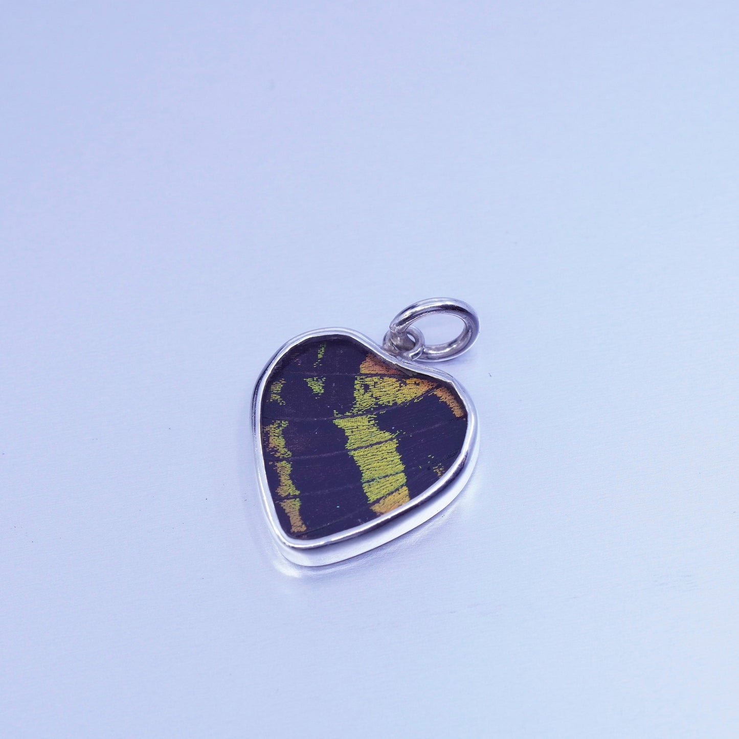 antique sterling 925 silver resin heart double sided pendant w/ butterfly wing