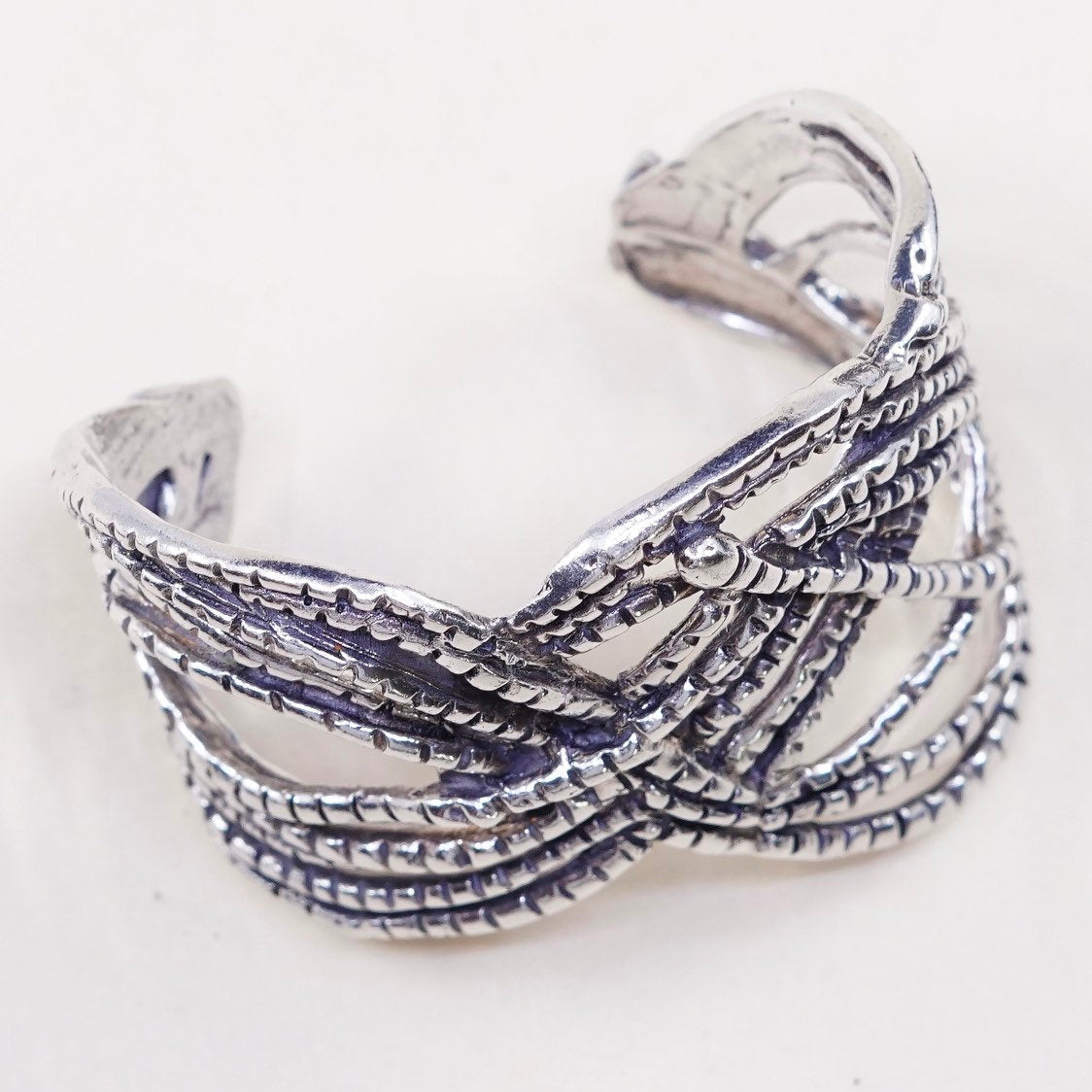6”, vtg unique Sterling silver handmade cuff, mexico wide wired wave bracelet