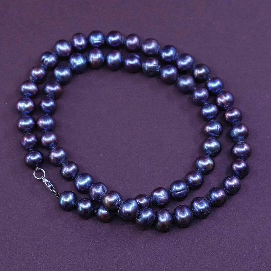 18", vtg Sterling silver handmade necklace, 925 clasp 7-8mm black pearl beads