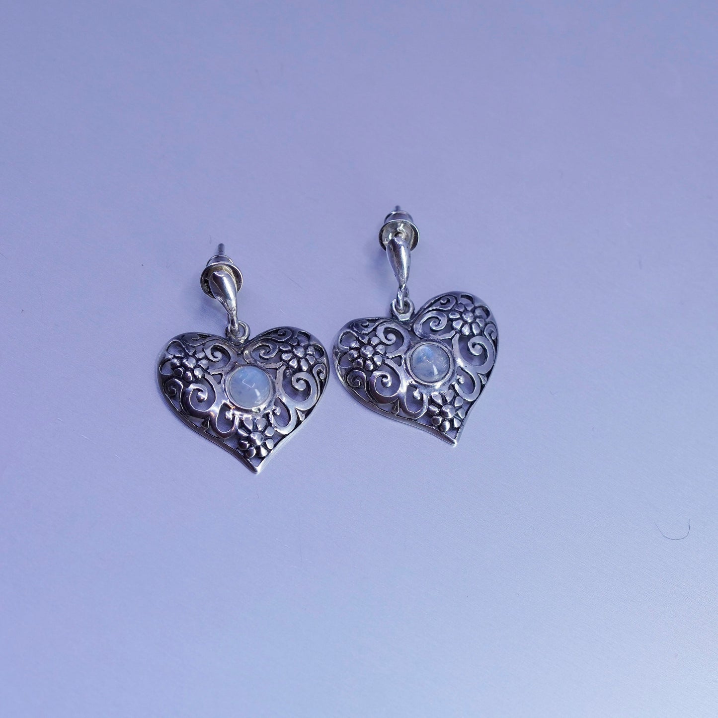 Vintage Sterling 925 silver handmade filigree heart earrings with moonstone