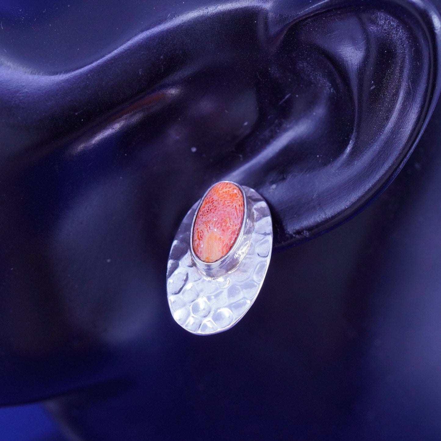 Native American Sterling silver earrings, 925 oval hammered studs with coral