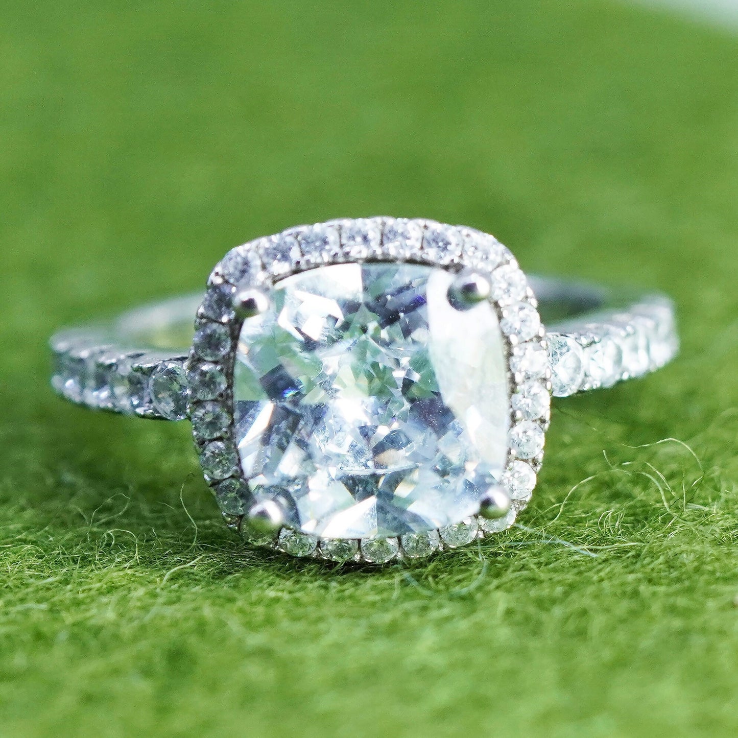 Size 6, Sterling 925 silver engagement ring with emerald cut CZ and cluster cz