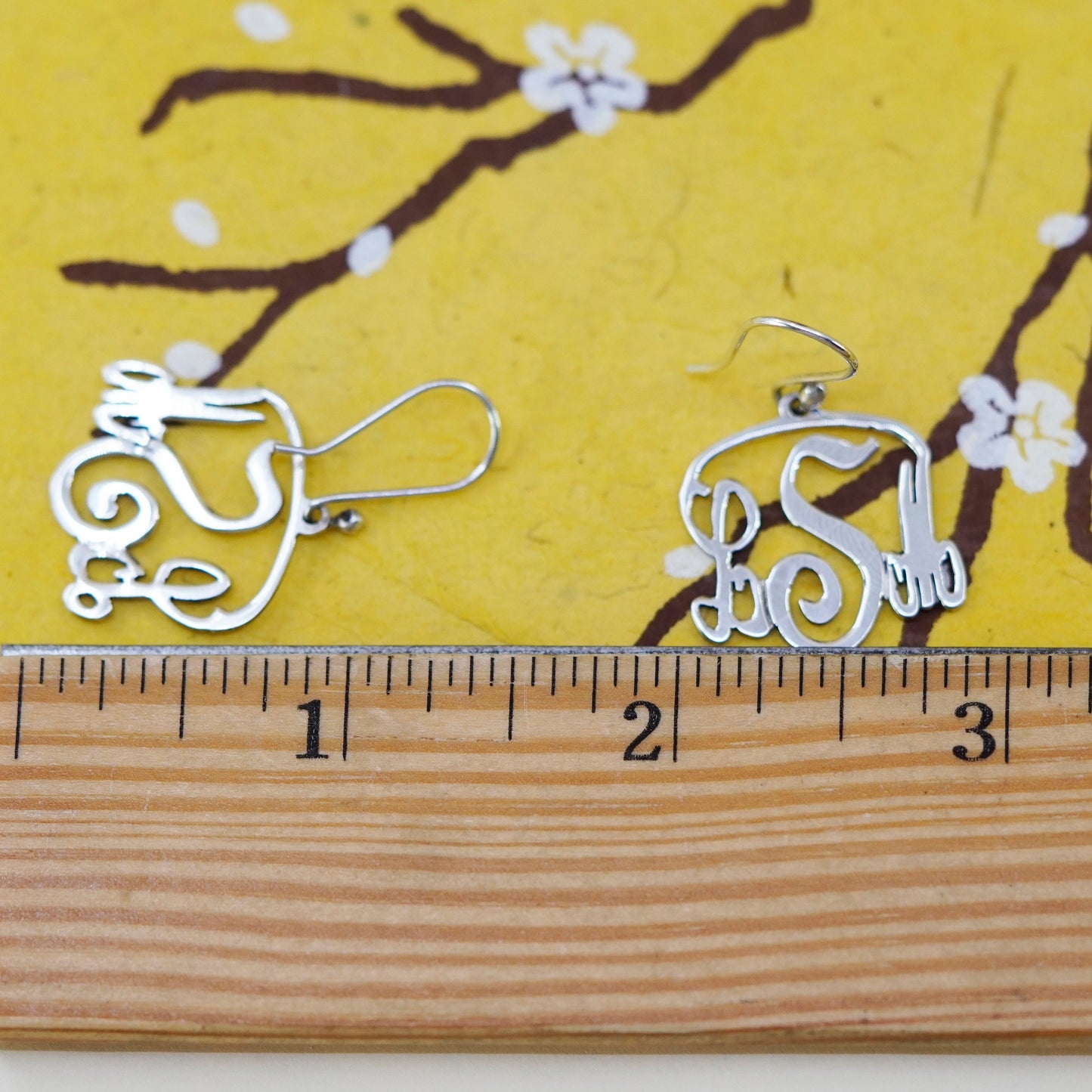 Vintage Sterling silver handmade earrings, 925 monogram initial “LSM” drops