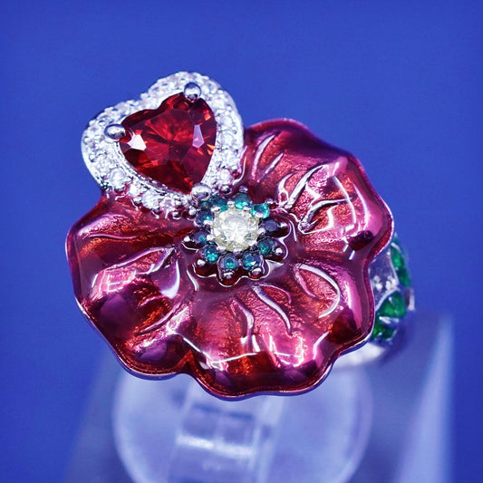 Size 6, Sterling 925 silver ring w/ ruby heart and red enamel flower N emerald