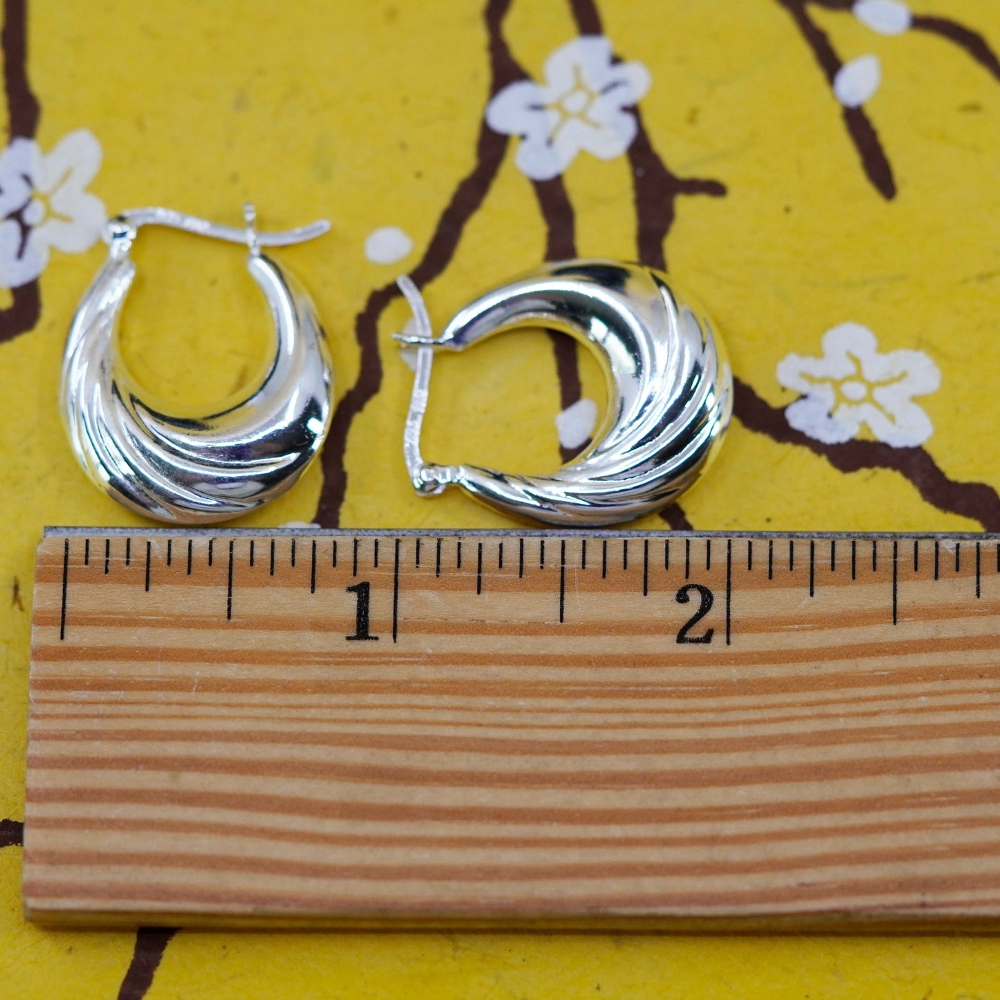 1”, Vintage Sterling silver handmade earrings, 925 ribbed hoops