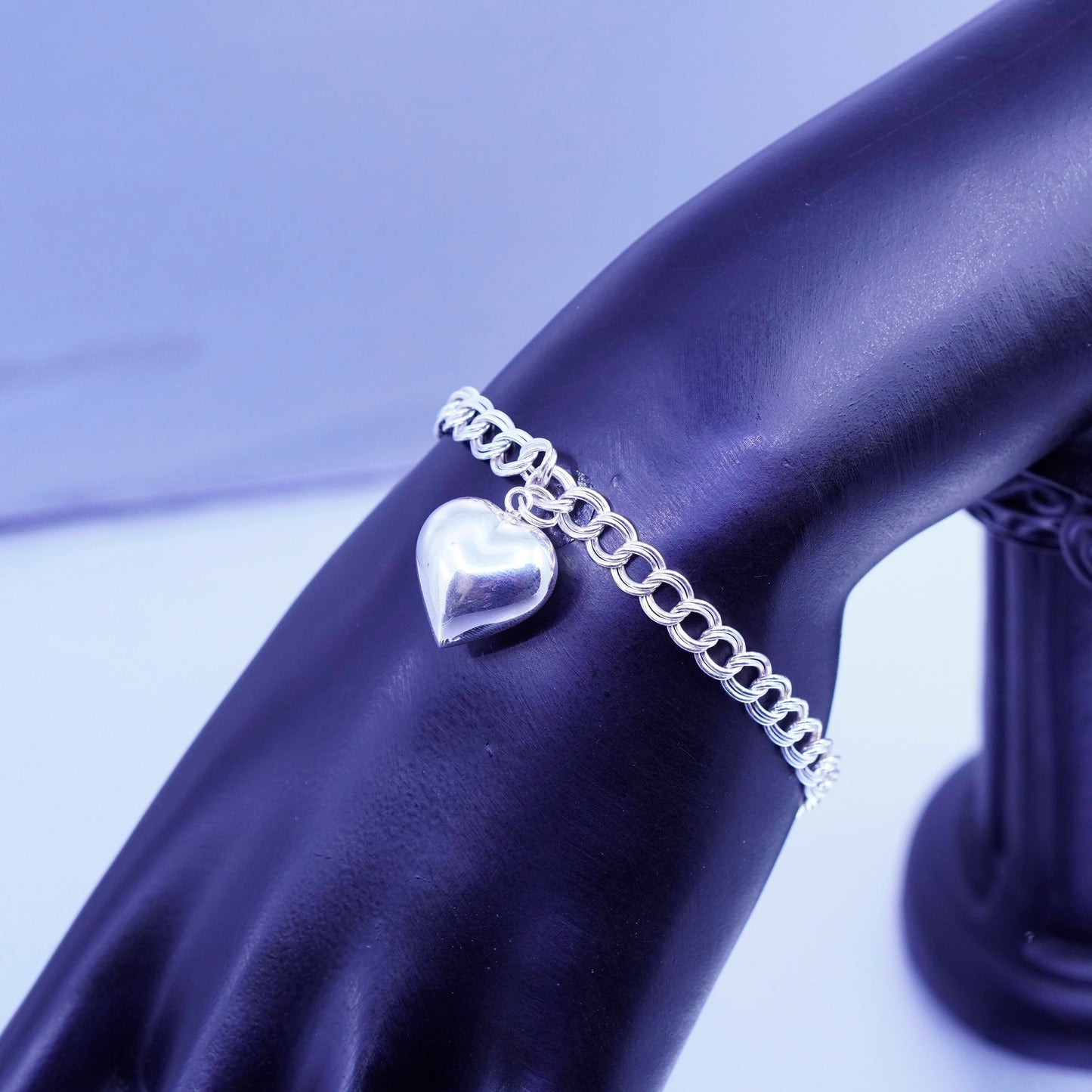 6.75”, Italy Sterling 925 silver bracelet, men’s curb chain puffy heart charm