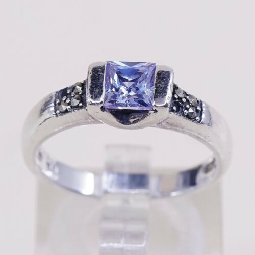 Sz 7, Vtg Sterling Silver Handmade Ring, 925 w/ Amethyst n marcasite inlay
