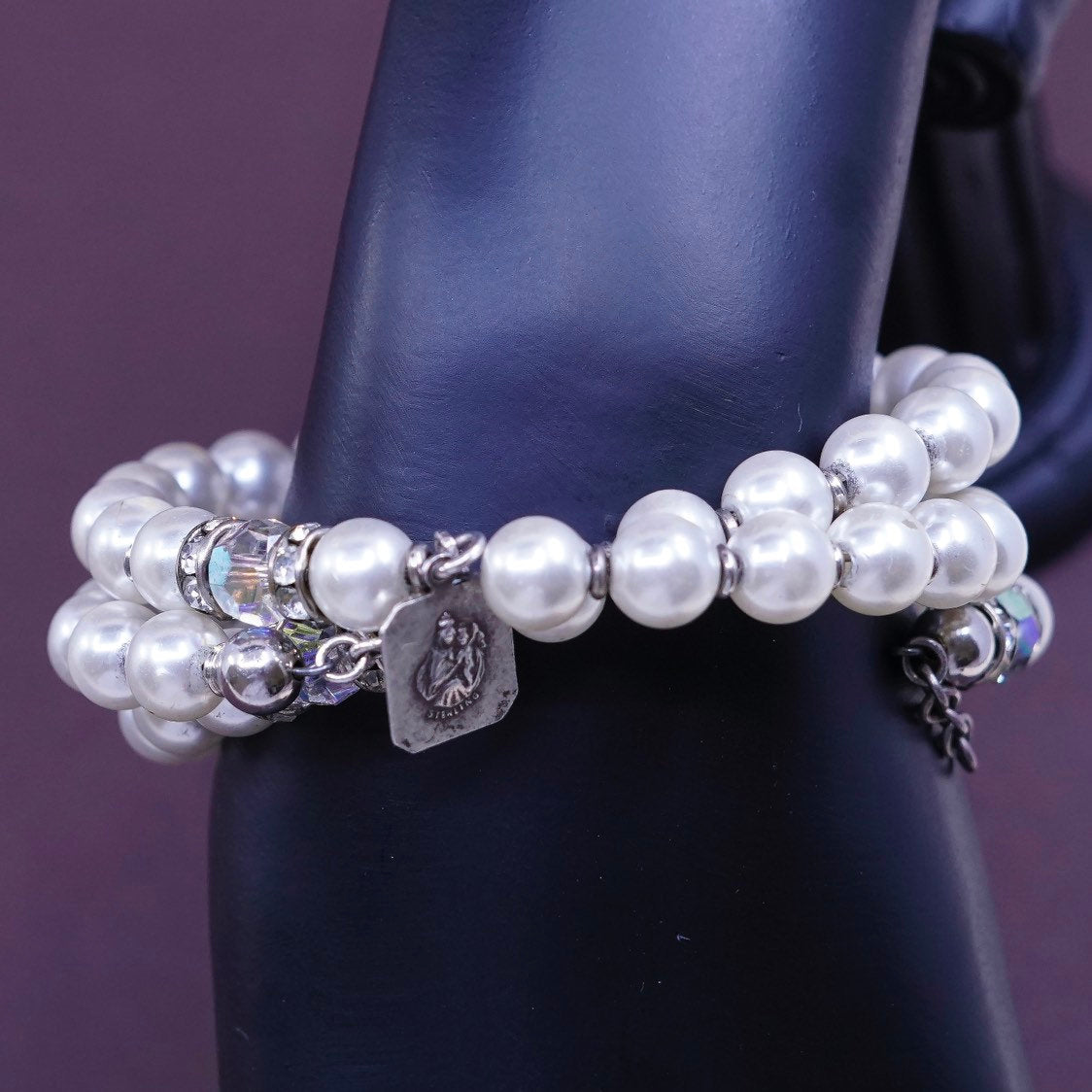 7" pearl beads wrap bangle bracelet with sterling 925 silver Jesus charm