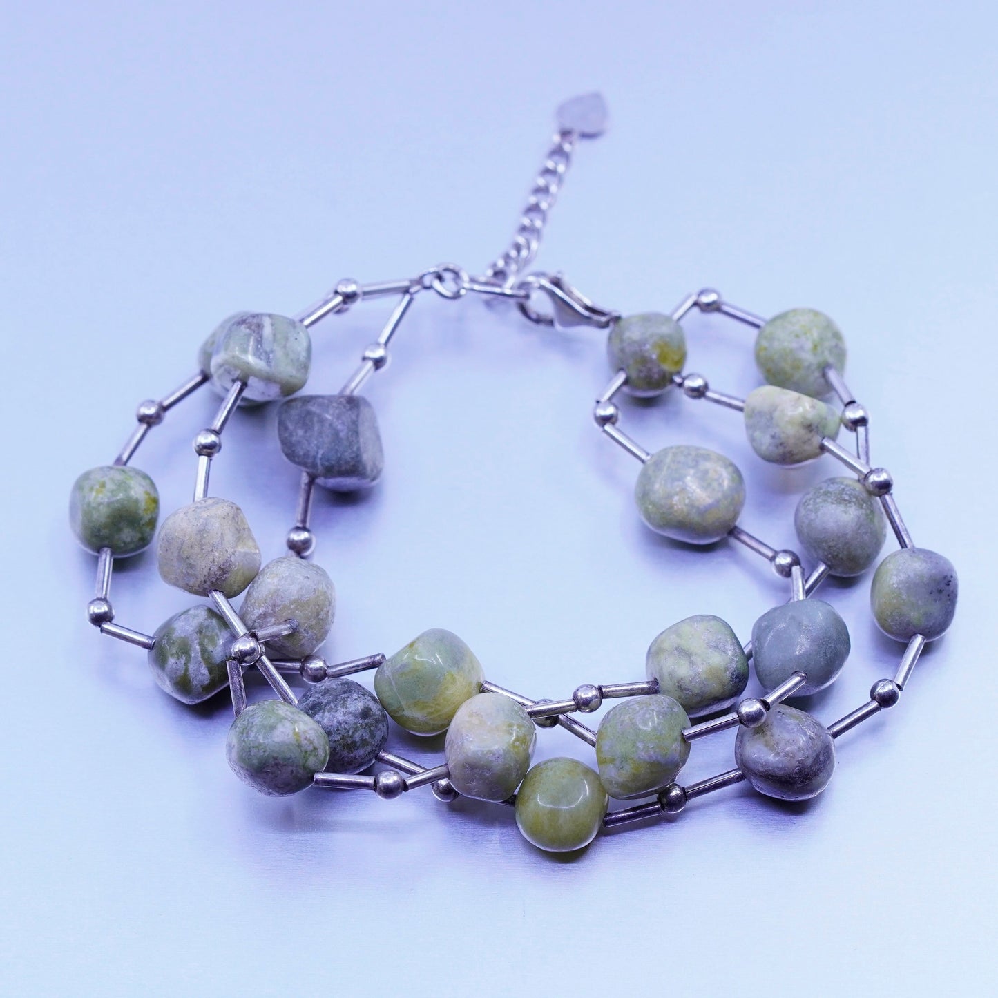 7+1”, vintage Sterling 925 silver handmade bracelet with green jasper beads