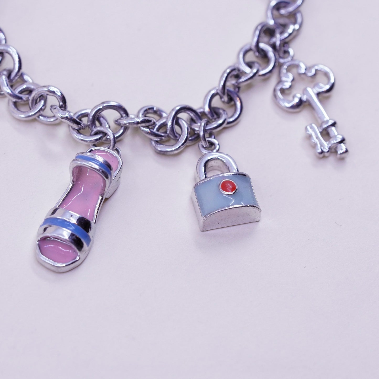 7”, sterling silver circle bracelet, 925 chain enamel heart key sandal charms