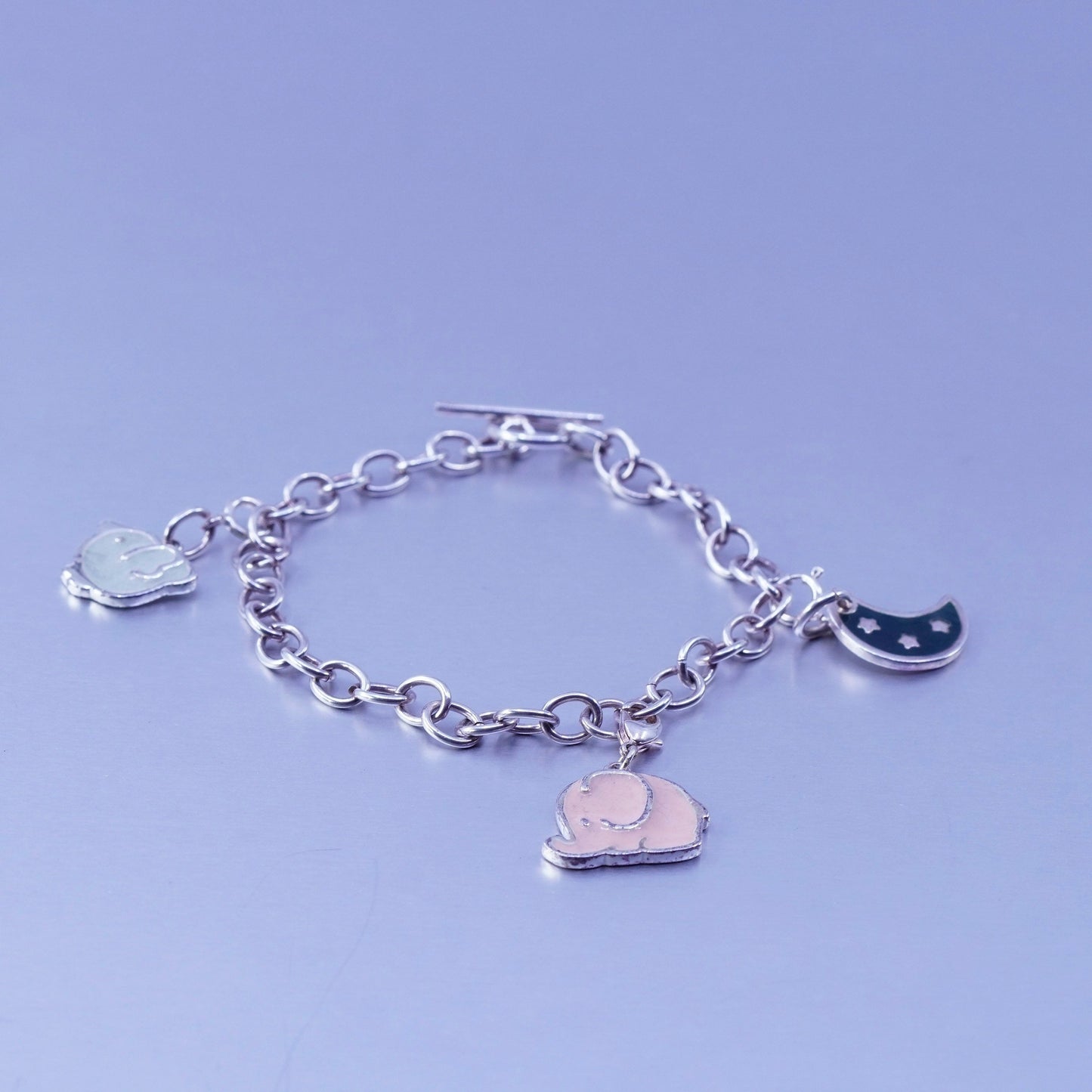 6.75”, Sterling 925 silver bracelet circle chain moon enamel elephant charms