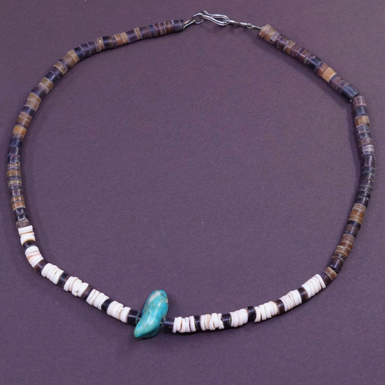 16". Native American heishi coral N Tortoise shell necklace w turquoise pendant