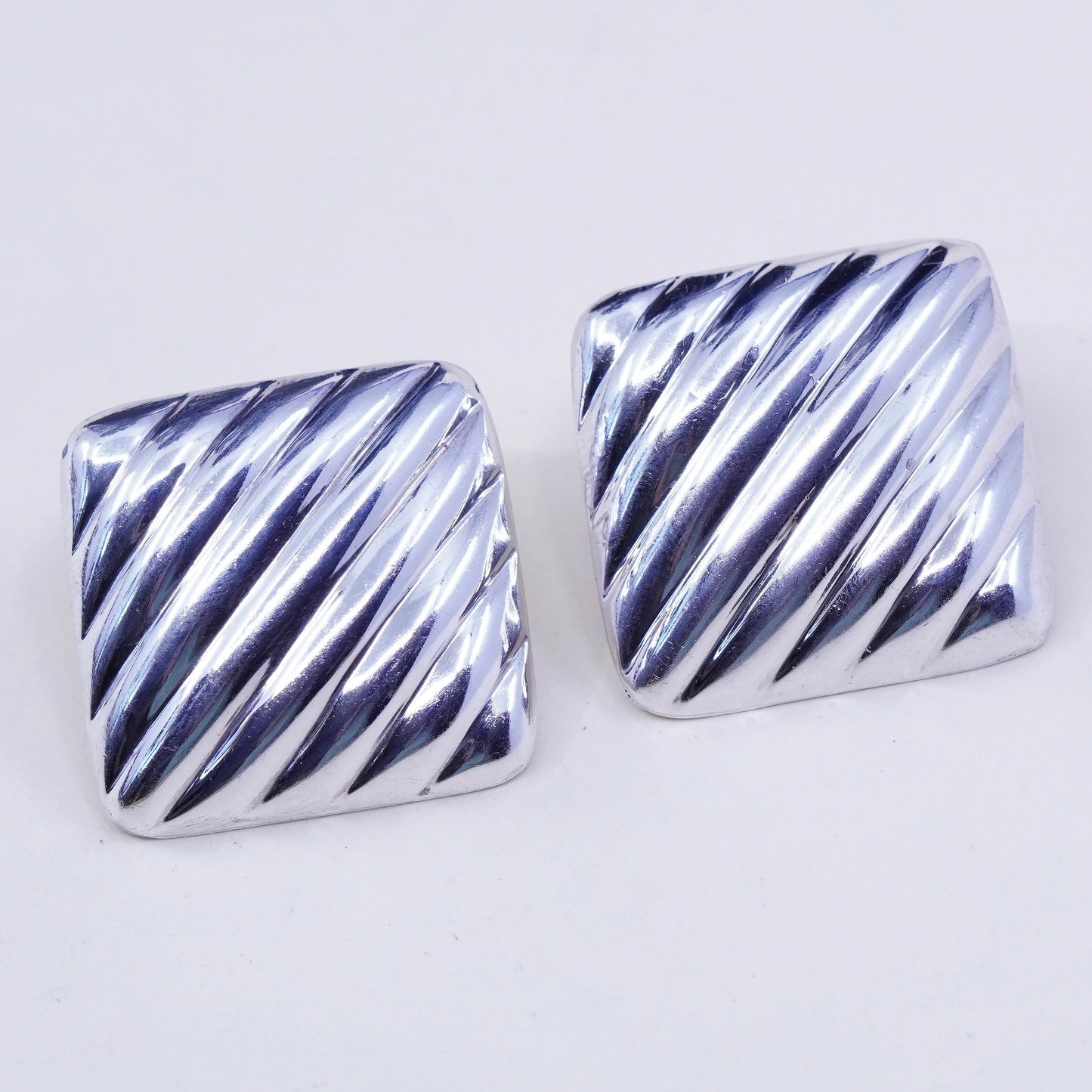 Vintage Modernist Ribbed Sterling silver Earrings, 925 origami studs