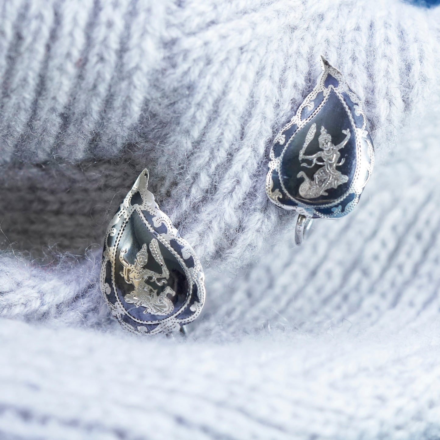 Vintage Sterling silver earrings, 925 screw back enamel Indian goddess teardrop