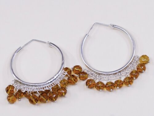 1.5”, Vtg handmade Sterling 925 Silver earrings, Hoops W/ Cluster Amber Dangles