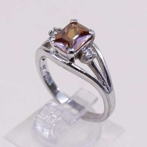 Sz 8, Vtg Sterling Silver Ring, 925 Silver Engagement Ring W/ Orange Crystal