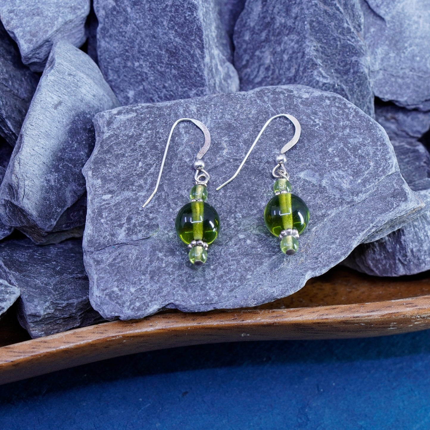 Vintage sterling 925 silver earrings with green cz dangles