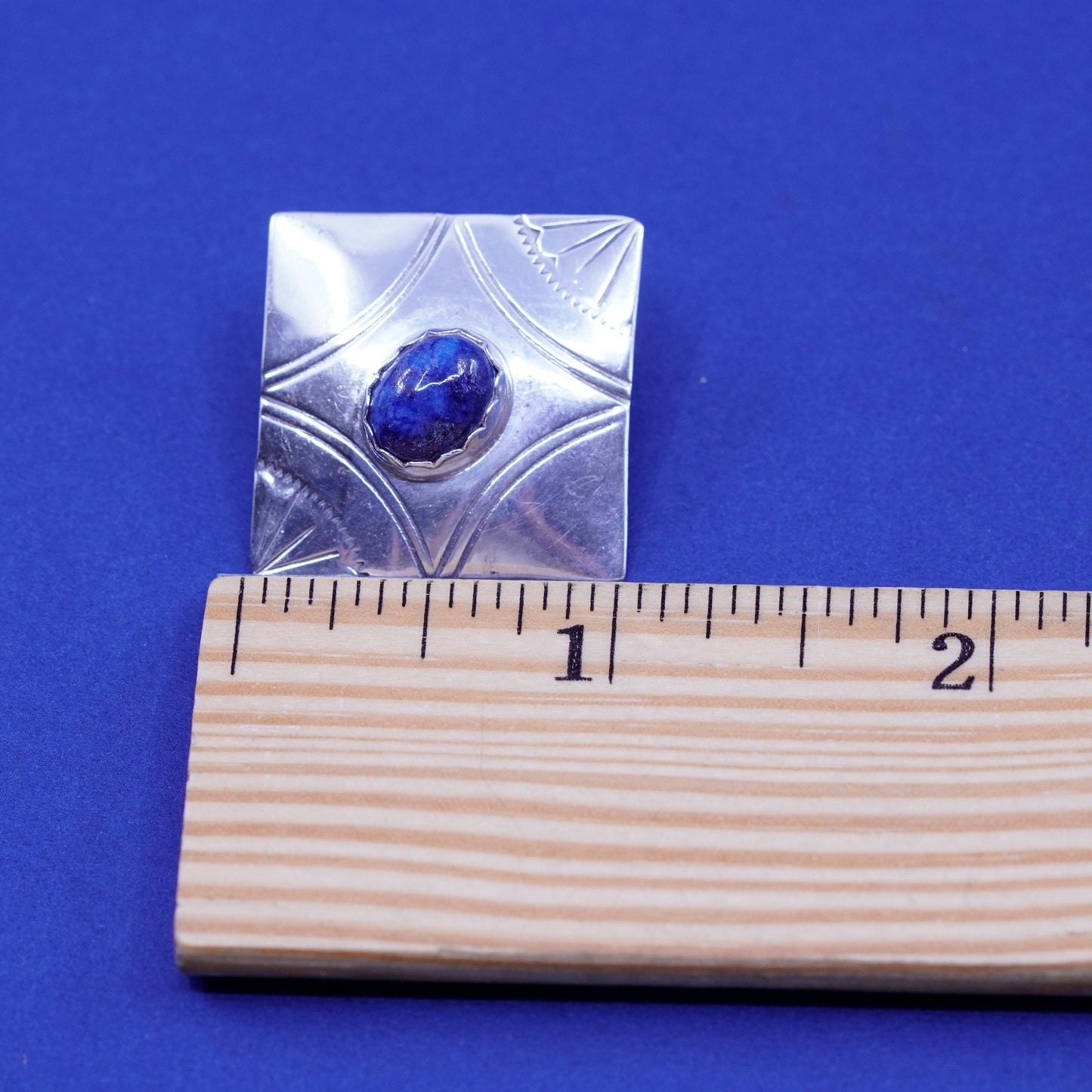 Vintage sterling silver handmade earrings, 925 square studs with lapis lazuli