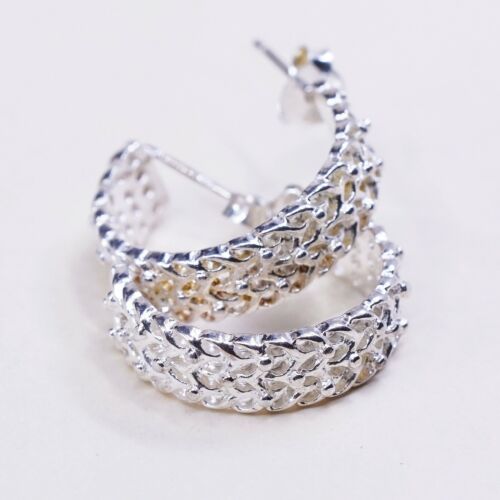 0.75”, vtg sterling silver handmade earrings, 925 Huggie w/ filigree textured