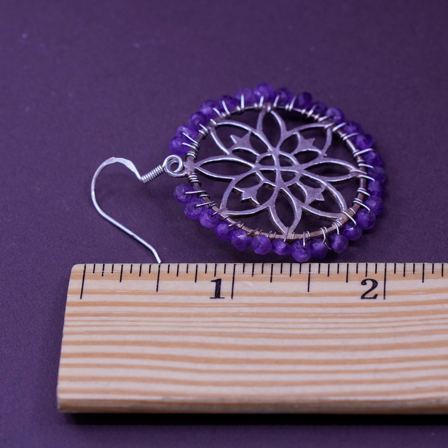 Sterling silver handmade earrings, 925 swirl flower dangles cluster amethyst
