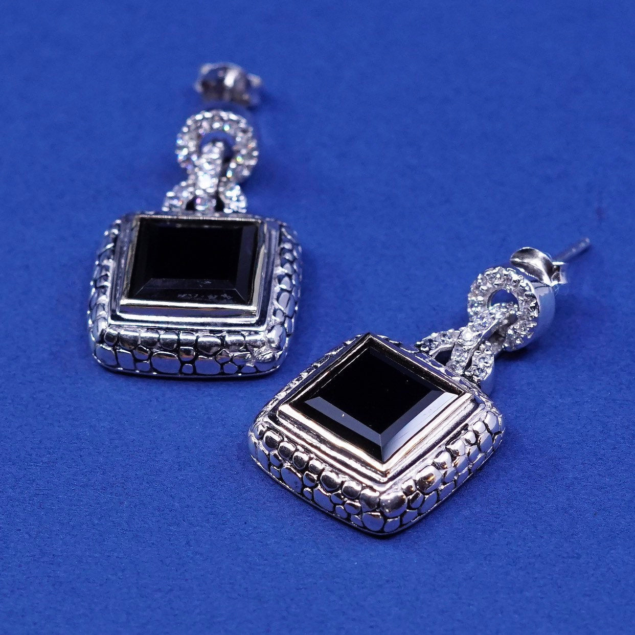 vtg 14K gold accent w/ Sterling925 silver handmade earring w// obsidian drops