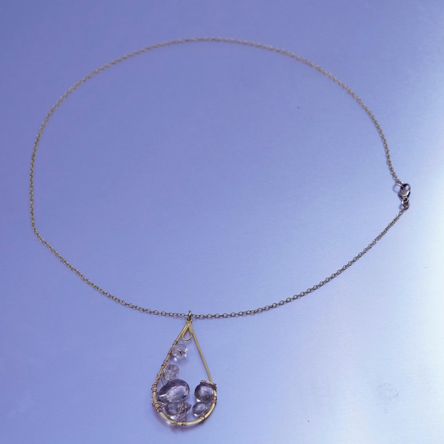 18”, vermeil gold Sterling 925 silver circle necklace teardrop pendant crystal