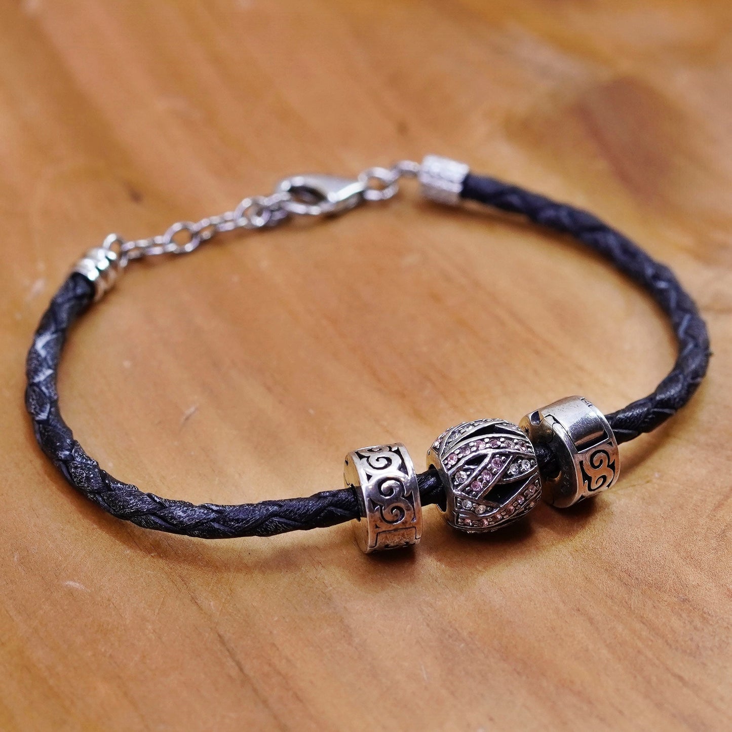 7”, CHAMILIA CHAM sterling 925 silver bracelet, leather core 3 bead charms