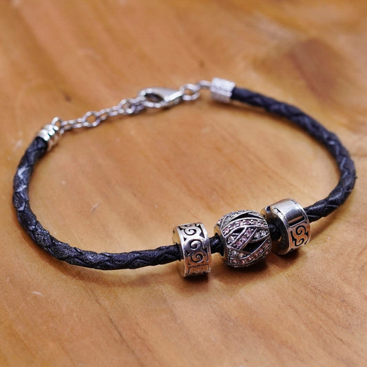 7”, CHAMILIA CHAM sterling 925 silver bracelet, leather core 3 bead charms