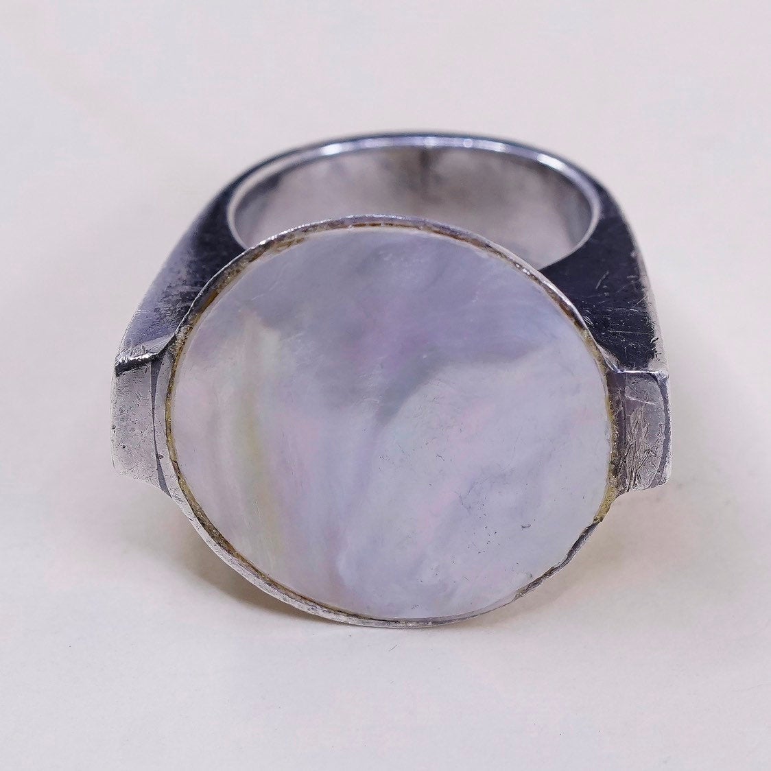 sz 6, vtg sterling 925 silver handmade cocktail ring, w/ MOP inlay, stamped 925