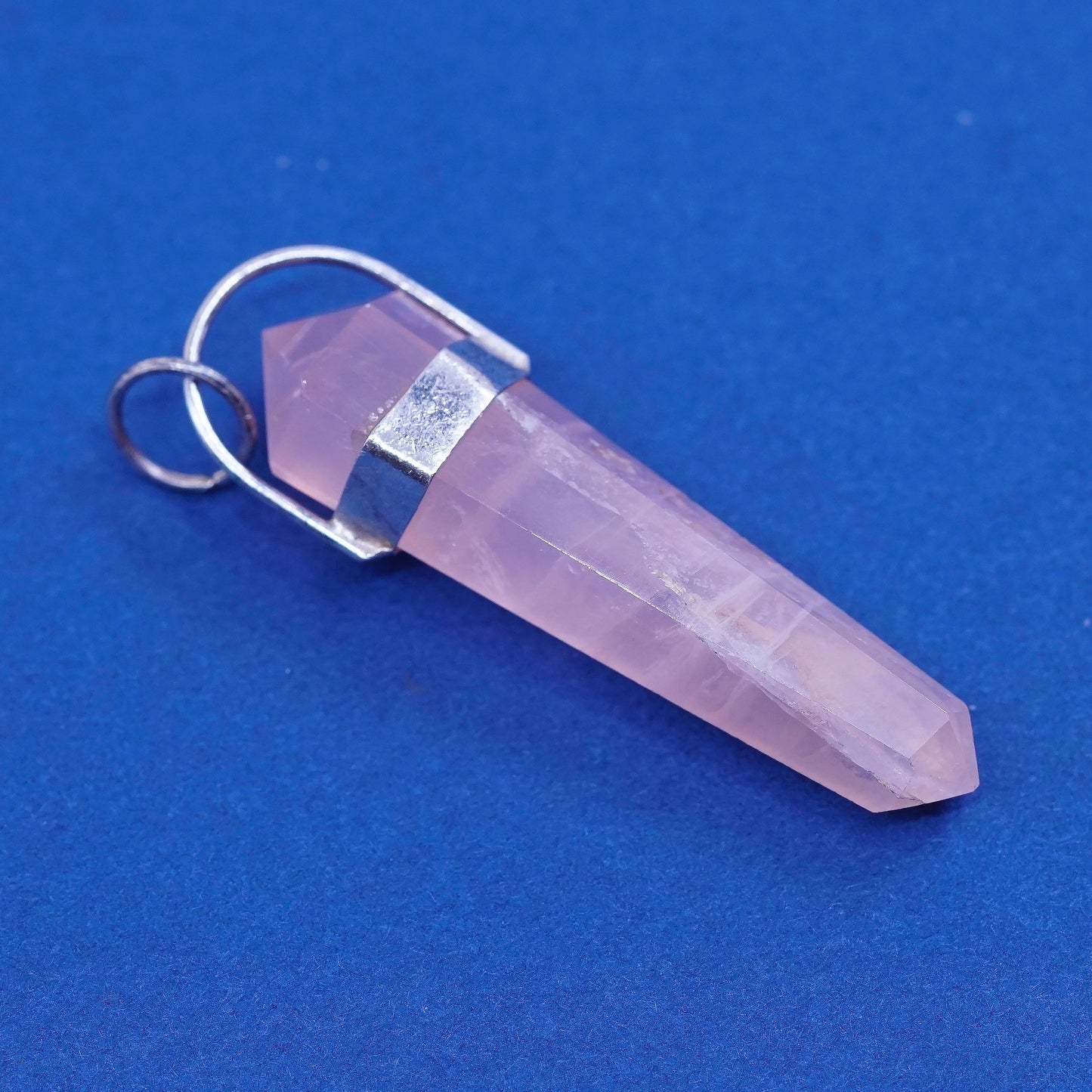 vtg handmade sterling silver charm pendant, 925 pink quartz healing crystal