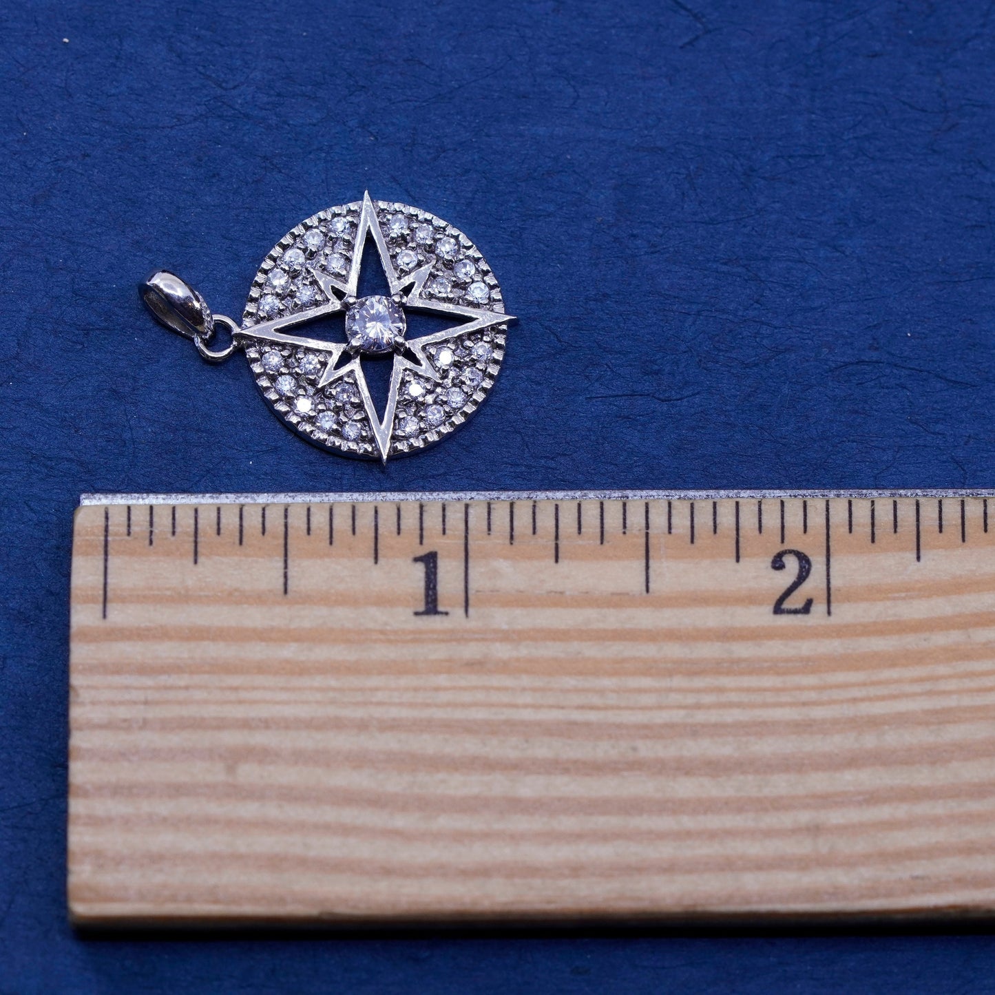 vintage Sterling silver handmade pendant, 925 compass with cluster cz