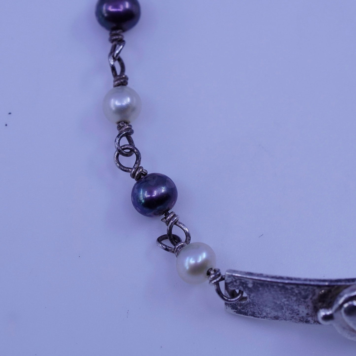 6.75”, vintage Sterling 925 silver handmade bracelet with pearl heart bar charm