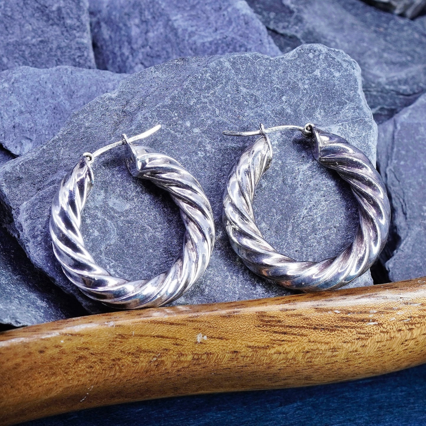 1.25”, vtg Sterling silver handmade earrings, bold 925 entwined hoops, huggie