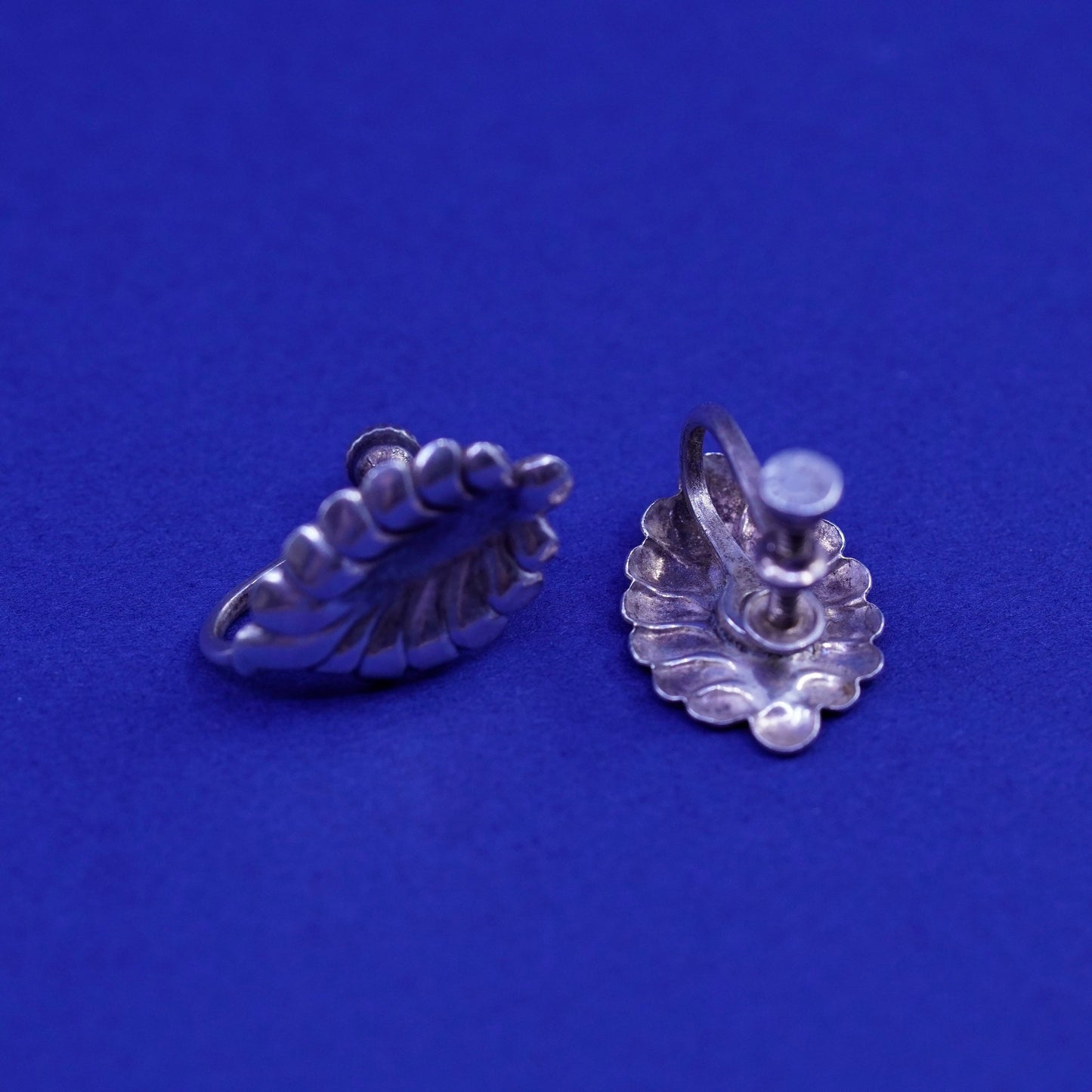 Vintage Sterling silver handmade earrings, 925 screw back leaf
