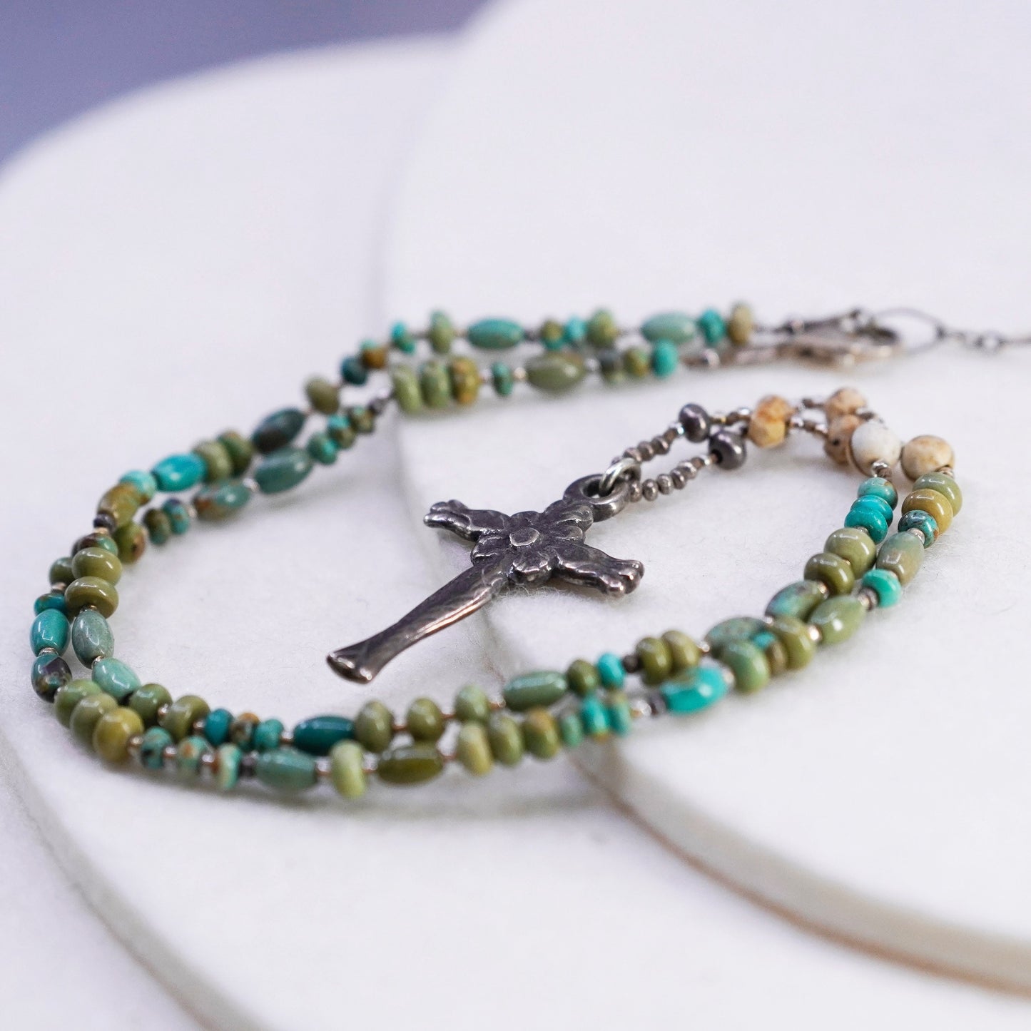 17+1”, Sterling 925 silver handmade necklace with turquoise and cross pendant
