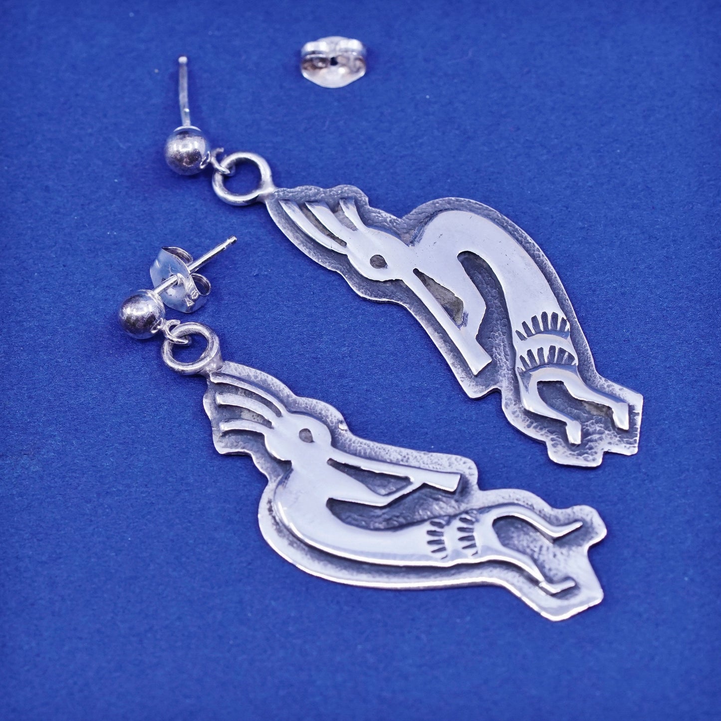 Native American Sterling silver Handmade earrings, 925 Kokopelli Dangles