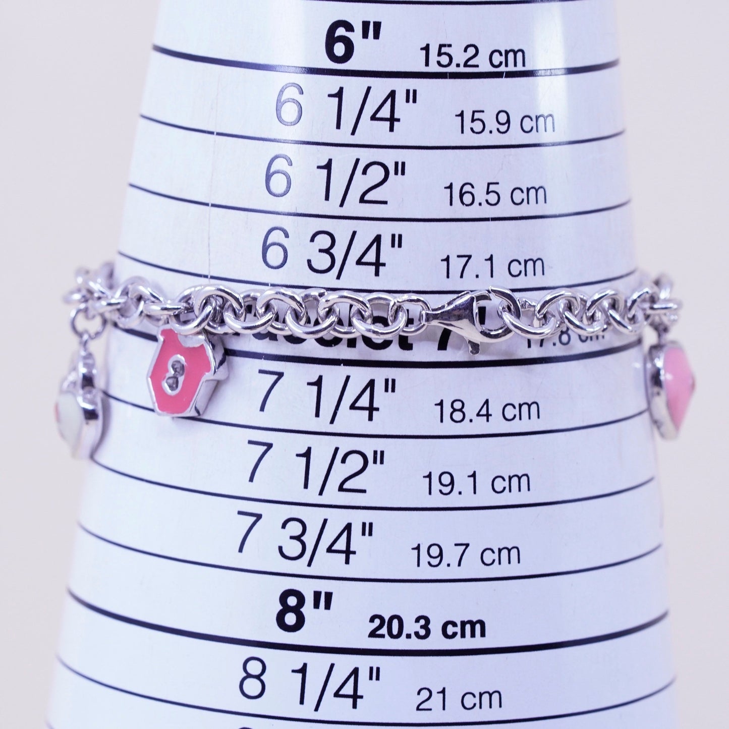 7”, sterling silver circle bracelet, 925 chain enamel heart key sandal charms
