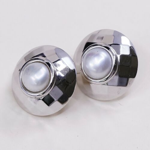 Vtg BAB Handmade STERLING SILVER earrings, 925 Studs W/ Pearl N Checker Texture