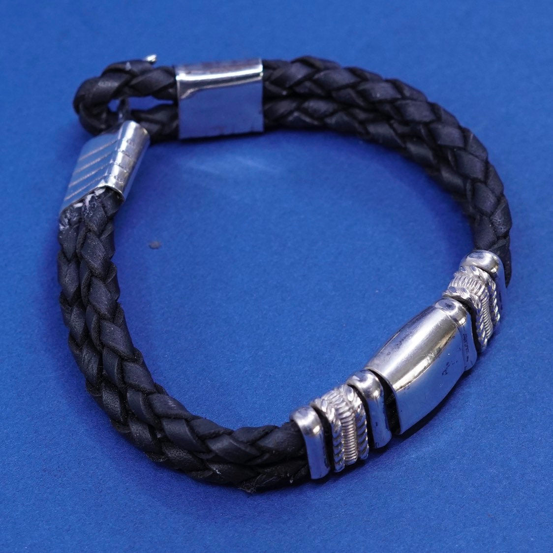 6.5”, vtg JB Sterling silver handmade bracelet, 925 w/ black leather chain