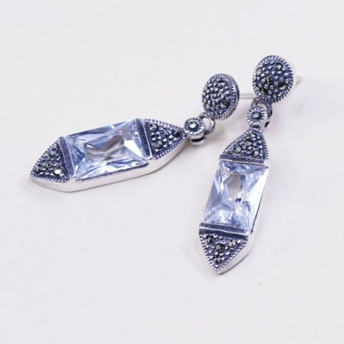VTG sterling 925 silver handmade earrings Dangles W/ CZ N marcasite