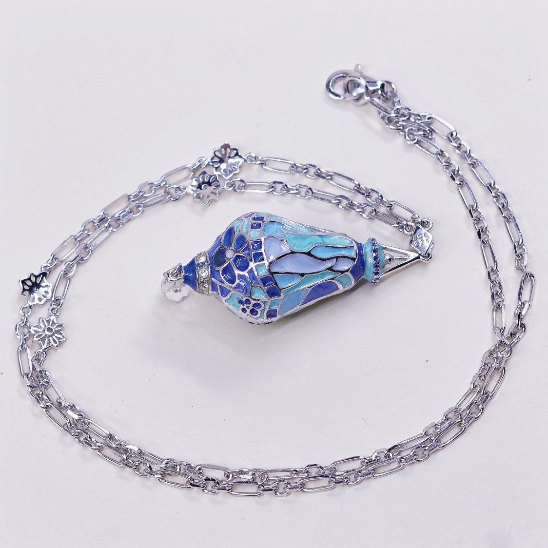 18”, BGE sterling 925 silver elongated chain necklace W teardrop enamel pendant